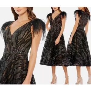Mac Duggal 79339 Black Sleeveless V-neck Tea Length Cocktail Dress Feather Sz 8
